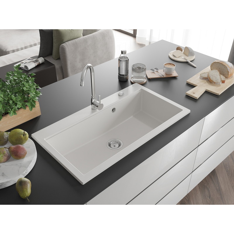 Mexen Slido granito plautuvė su 1 dubeniu, 900 x 500 mm, balta, chromuotas sifonas - 6528901005-20