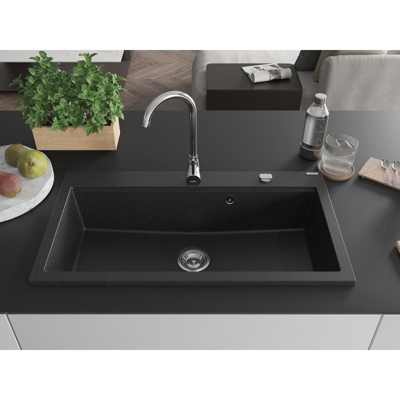 Mexen Slido granitinė 1 kameros plautuvė 900 x 500 mm, juodos ir sidabrinės metalo spalvos, chromuotas sifonas