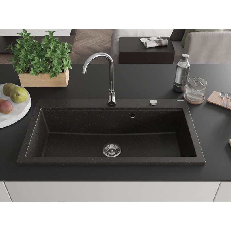 Mexen Slido granitinė virtuvės kriauklė 1 skyrelio 900 x 500 mm, juoda/auksinė metalik, chromuotas sifonas - 6528901005-75