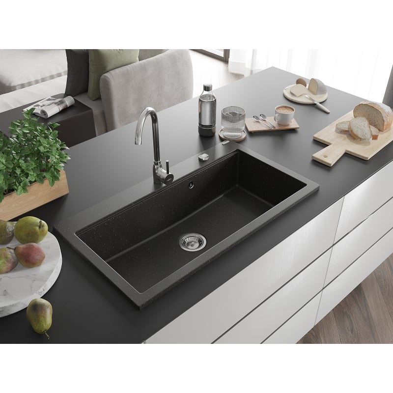 Mexen Slido granitinė virtuvės kriauklė 1 skyrelio 900 x 500 mm, juoda/auksinė metalik, chromuotas sifonas - 6528901005-75