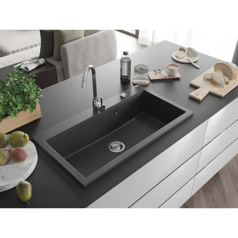 Mexen Slido 1 dubens granitinė plautuvė 900 x 500 mm, juoda su taškeliais, chromuotas sifonas - 6528901005-75 - 6528901005-76