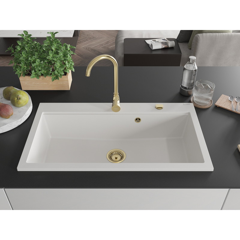 Mexen Slido Granitinė vienos kameros plautuvė 900 x 500 mm, balta, auksinis sifonas - 6528901005-20-G