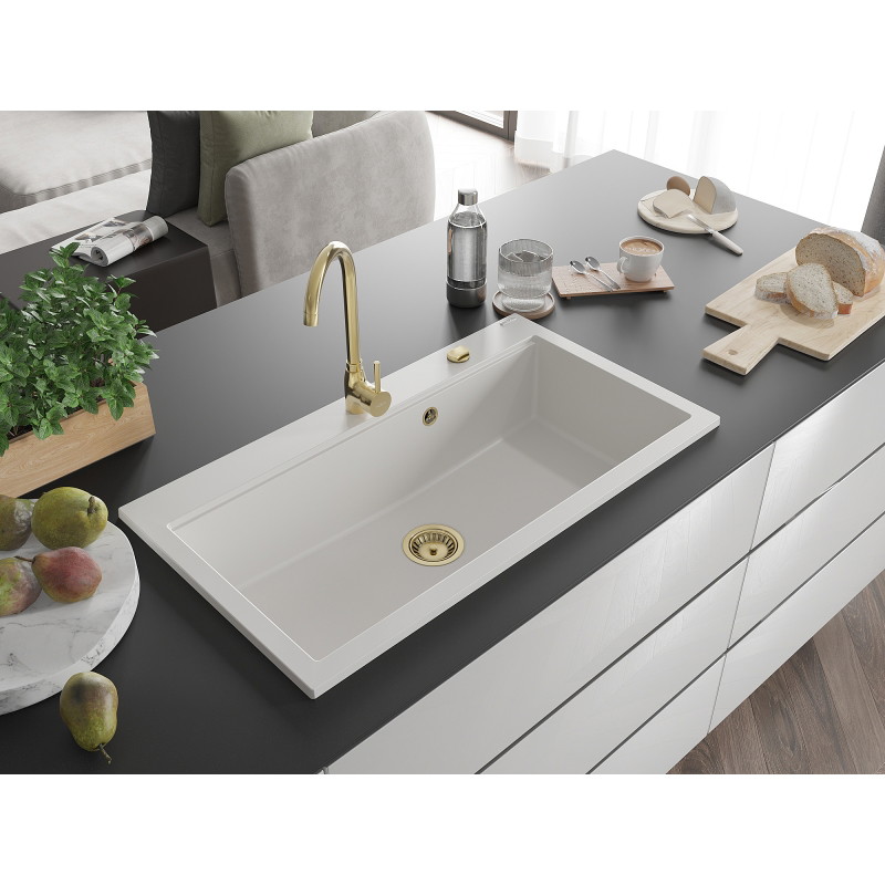 Mexen Slido Granitinė vienos kameros plautuvė 900 x 500 mm, balta, auksinis sifonas - 6528901005-20-G