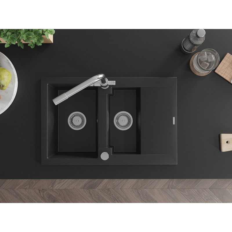 Mexen Gaspar granitinė 1,5 kamerų kriauklė su nusausintuvu ir virtuviniu maišytuvu Duero, juoda - 6507-77-671600-00