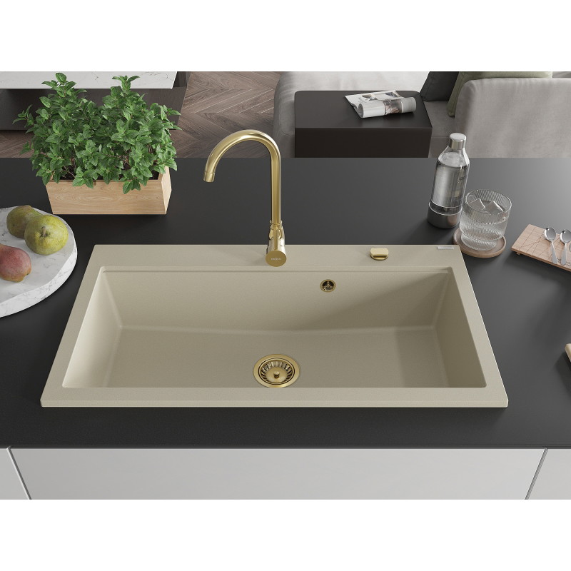 Mexen Slido granitinė 1 dubens plautuvė 900 x 500 mm, smėlio spalvos, auksinis sifonas - 6528901005-69-G