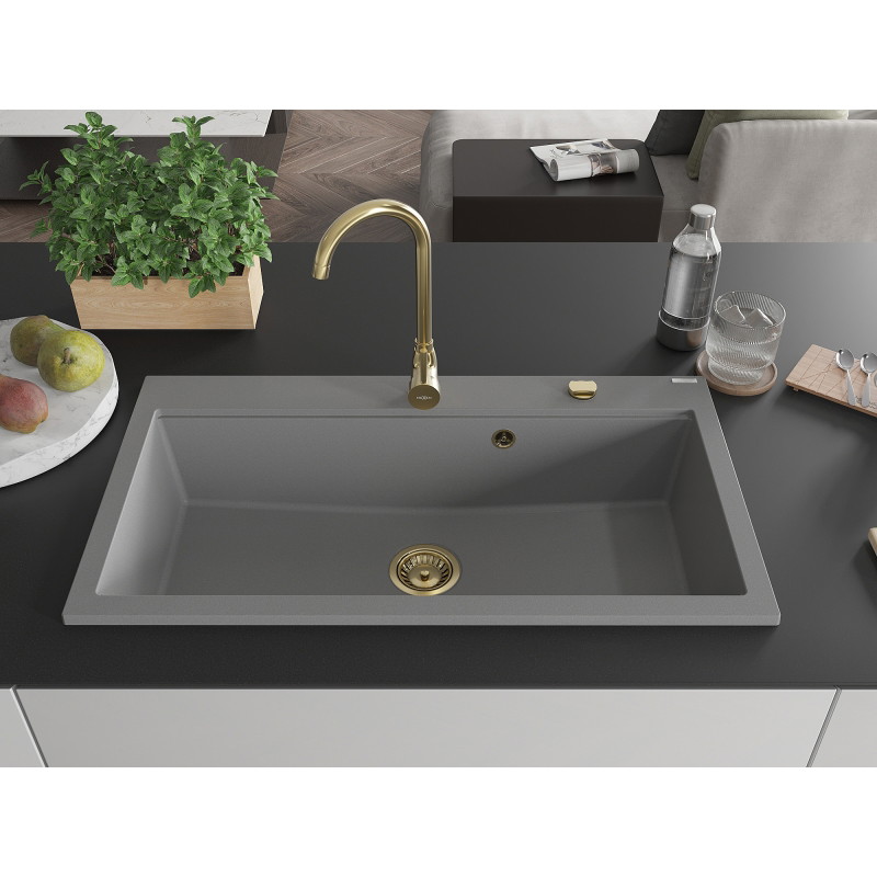 Mexen Slido granitinė vienos kameros plautuvė, 900 x 500 mm, pilka, auksinis sifonas - 6528901005-71-G