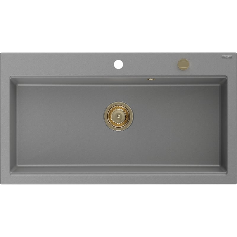 Mexen Slido granito virtuvės kriauklė su viena sekcija 900 x 500 mm, pilka, auksinis sifonas - 6528901005-71-G