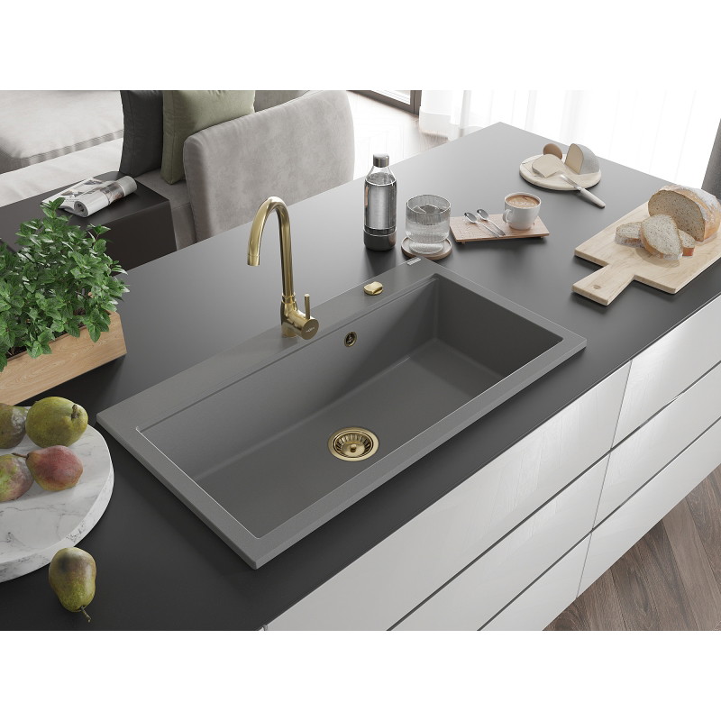 Mexen Slido granitinė vienos kameros plautuvė, 900 x 500 mm, pilka, auksinis sifonas - 6528901005-71-G
