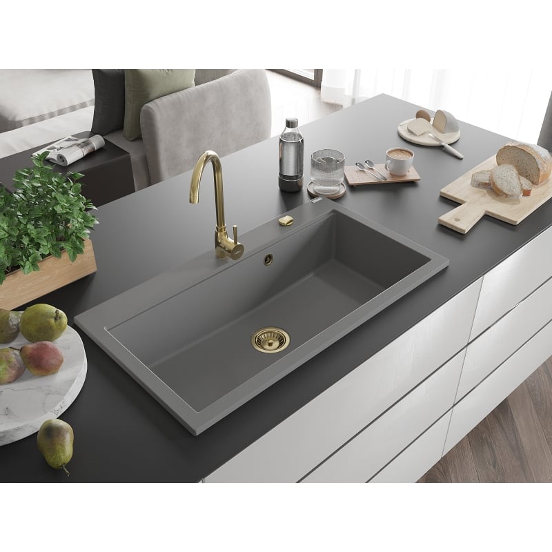 Mexen Slido granito virtuvės kriauklė su viena sekcija 900 x 500 mm, pilka, auksinis sifonas - 6528901005-71-G