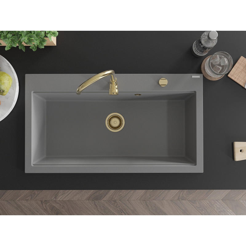 Mexen Slido granitinė vienos kameros plautuvė, 900 x 500 mm, pilka, auksinis sifonas - 6528901005-71-G