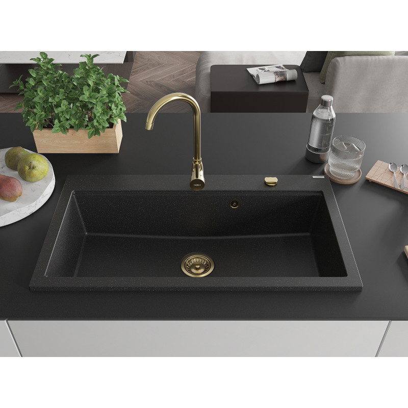 Mexen Slido granitinė 1 kameros plautuvė 900 x 500 mm, juoda/sidabro metalo spalvos, auksinis sifonas - 6528901005-73-G