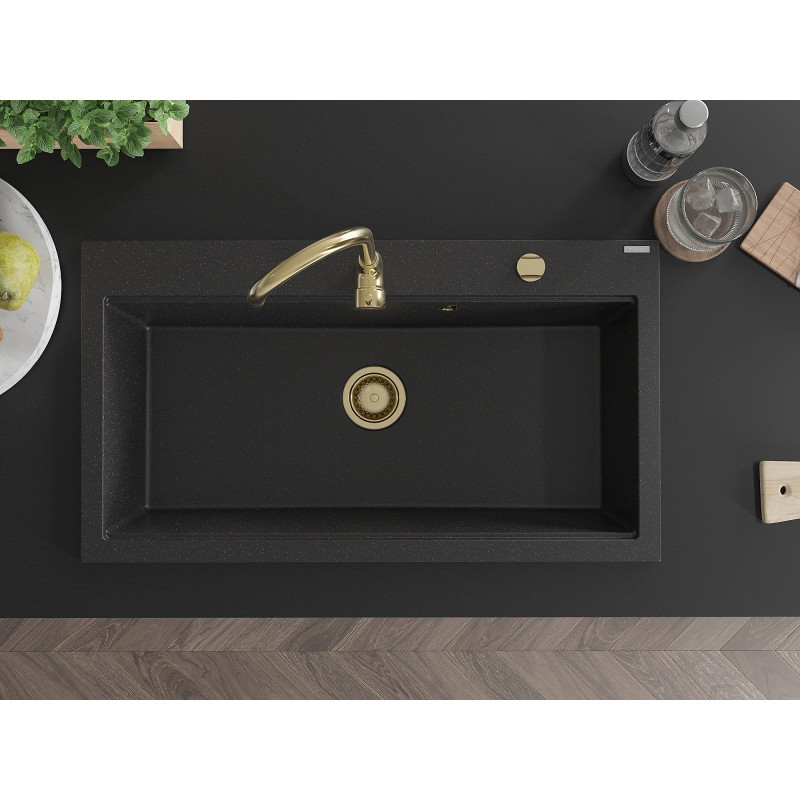 Mexen Slido granitinė 1 kameros plautuvė 900 x 500 mm, juoda/sidabro metalo spalvos, auksinis sifonas - 6528901005-73-G