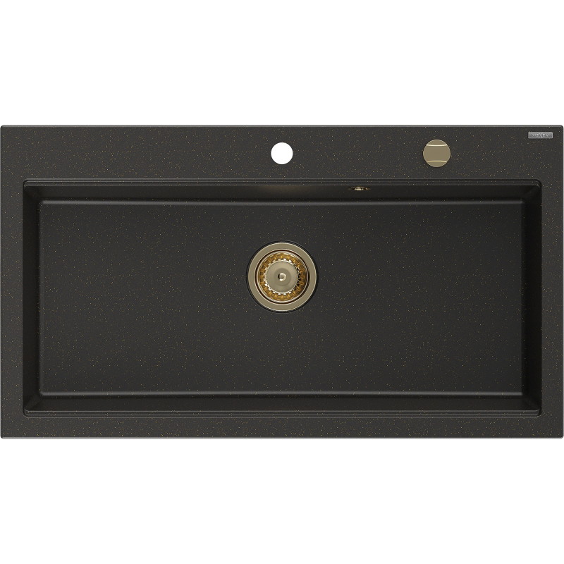 Mexen Slido Granito plautuvė su 1 dubeniu 900 x 500 mm, juoda/auksinė metalik, auksinis sifonas - 6528901005-75-G