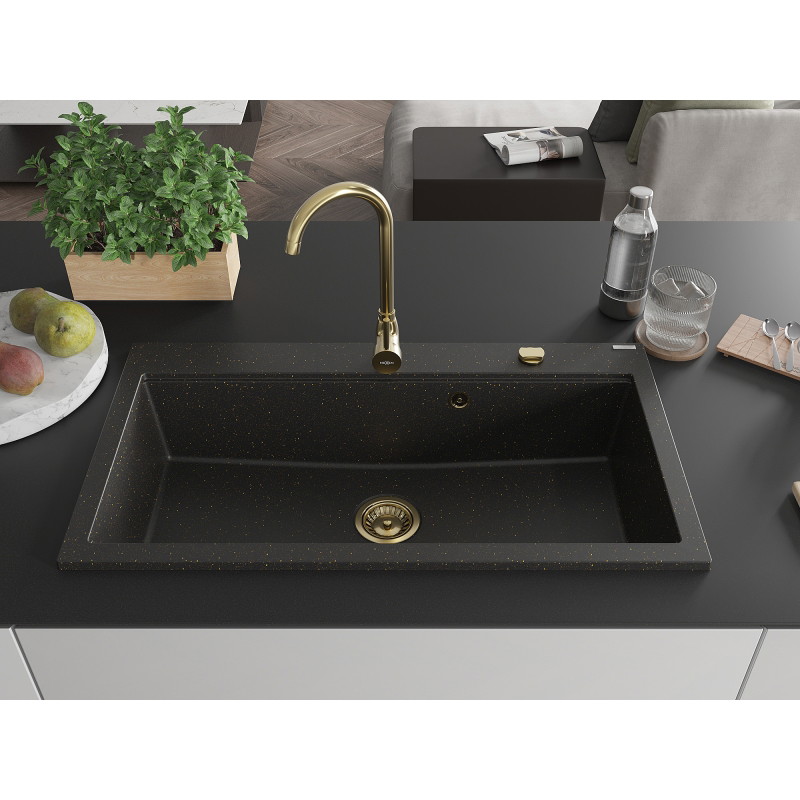 Mexen Slido Granito plautuvė su 1 dubeniu 900 x 500 mm, juoda/auksinė metalik, auksinis sifonas - 6528901005-75-G