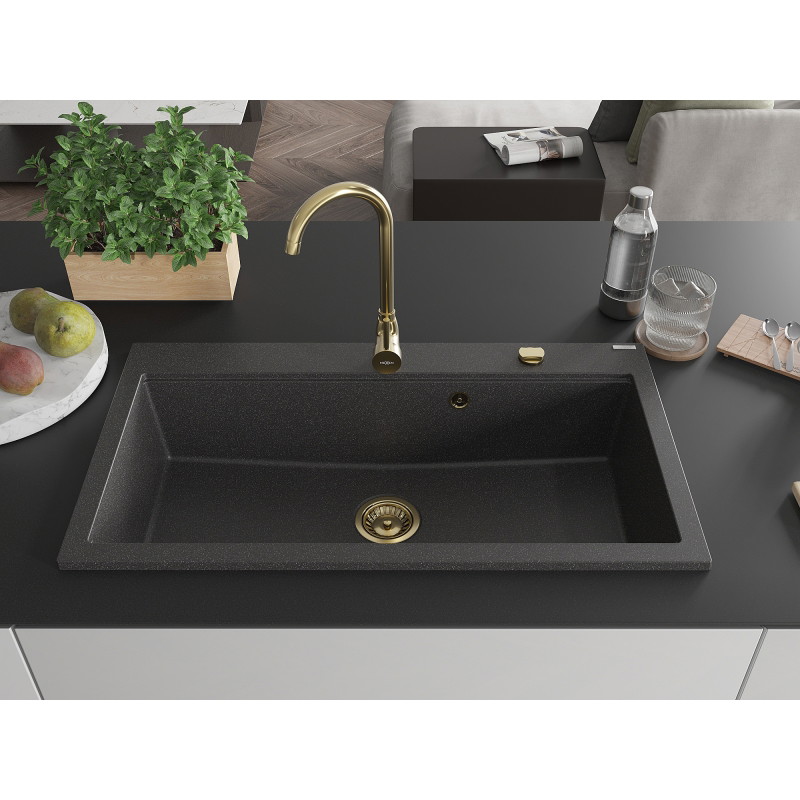 Mexen Slido granitinė 1 kameros plautuvė 900 x 500 mm, juoda taškuota, auksinis sifonas - 6528901005-76-G
