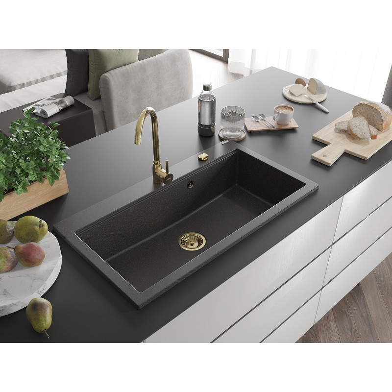 Mexen Slido granitinė 1 kameros plautuvė 900 x 500 mm, juoda taškuota, auksinis sifonas - 6528901005-76-G