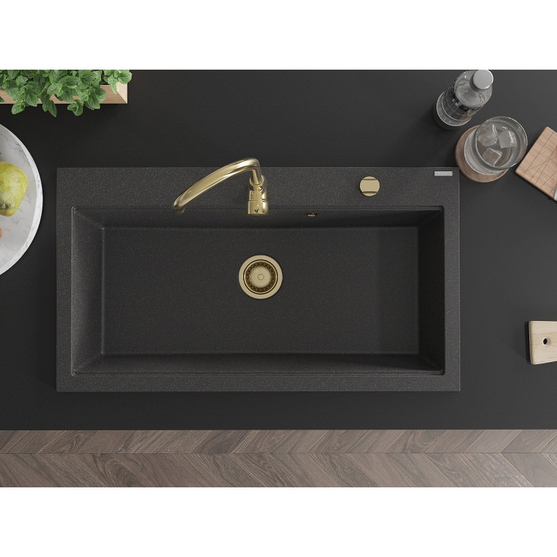 Mexen Slido granitinė 1 kameros plautuvė 900 x 500 mm, juoda taškuota, auksinis sifonas - 6528901005-76-G