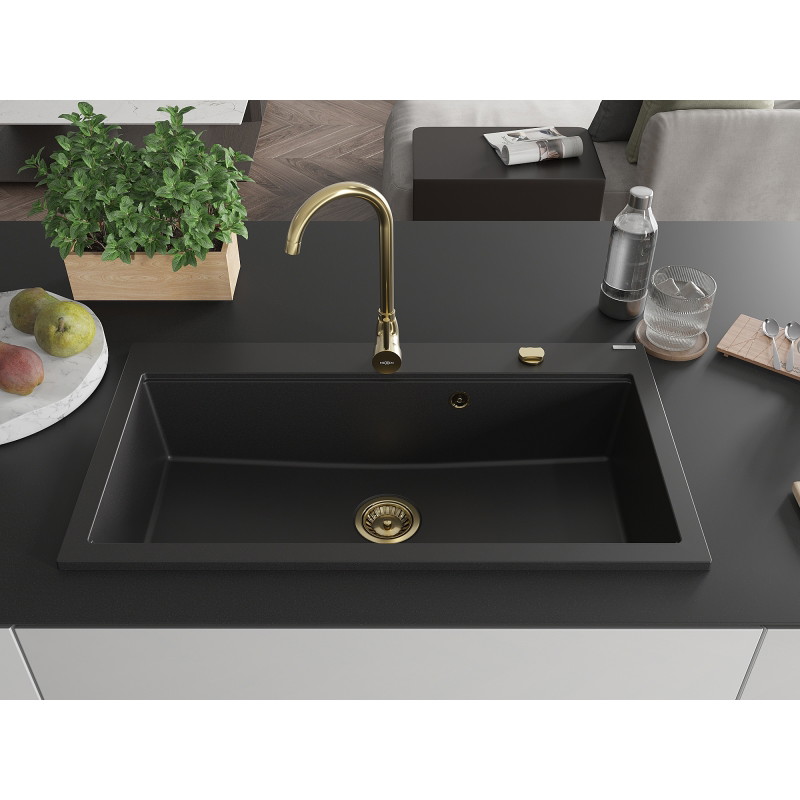 Mexen Slido granitinė vienos kameros plautuvė, 900 x 500 mm, juoda, auksinis sifonas - 6528901005-77-G