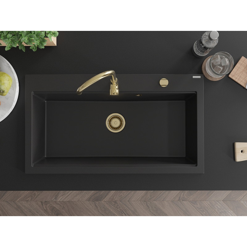 Mexen Slido granitinė vienos kameros plautuvė, 900 x 500 mm, juoda, auksinis sifonas - 6528901005-77-G