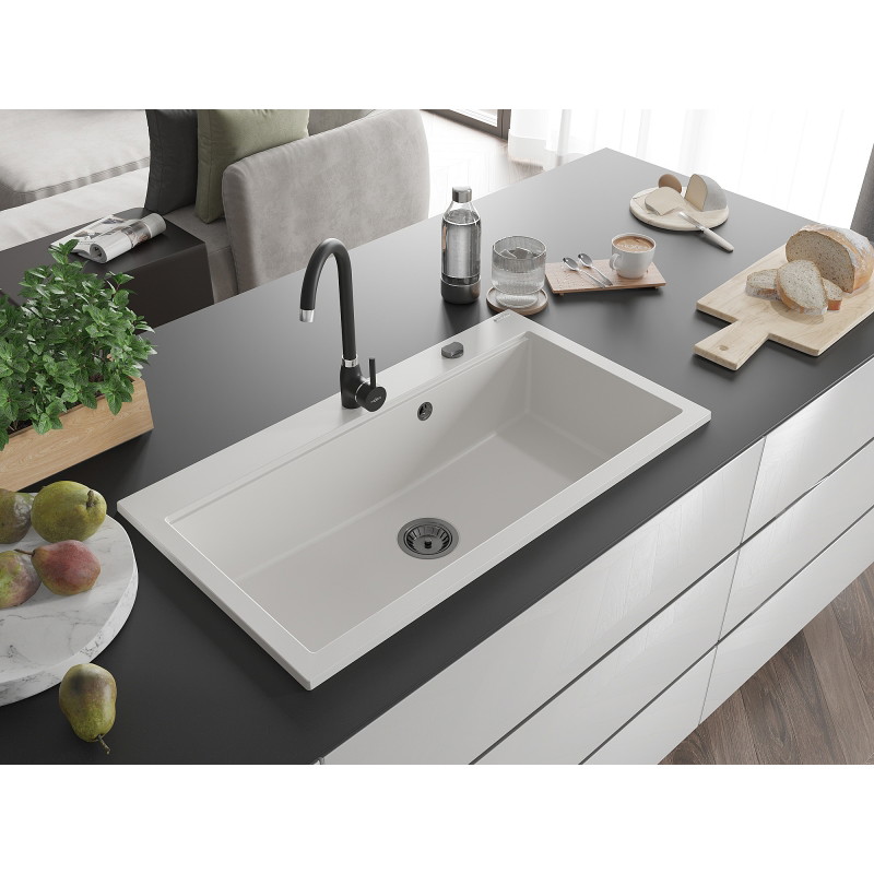 Mexen Slido granitinė vienos kameros plautuvė 900 x 500 mm, balta, juodas sifonas - 6528901005-20-B