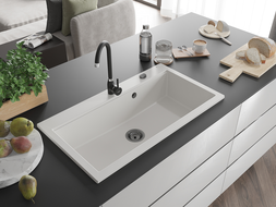 Mexen Slido granitinė plautuvė, 1 skyrius, 900 x 500 mm, balta, juodas sifonas - 6528901005-20-B