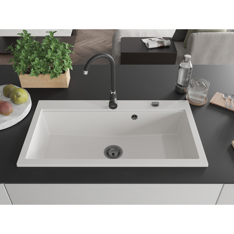 Mexen Slido granitinė vienos kameros plautuvė 900 x 500 mm, balta, juodas sifonas - 6528901005-20-B