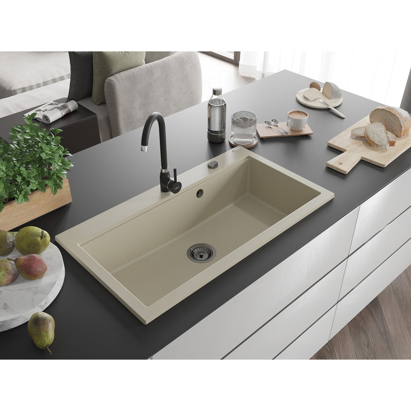 Mexen Slido 1 kameros granitinė plautuvė 900 x 500 mm, smėlio spalvos, juodas sifonas - 6528901005-69-B