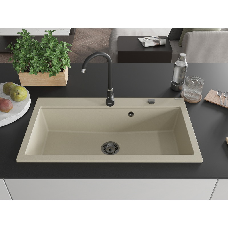 Mexen Slido 1 kameros granitinė plautuvė 900 x 500 mm, smėlio spalvos, juodas sifonas - 6528901005-69-B