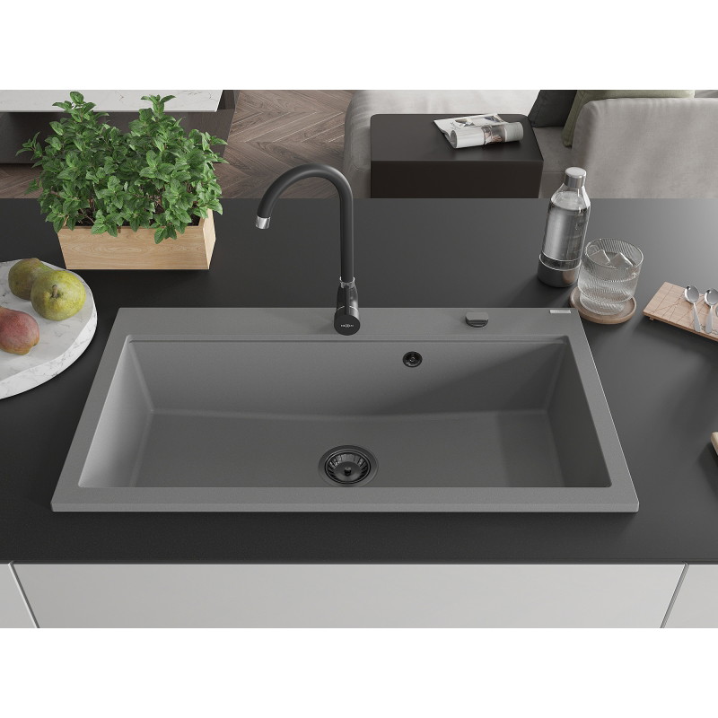 Mexen Slido granitinė plautuvė su 1 dubeniu, 900 x 500 mm, pilka, juodas sifonas - 6528901005-71-B