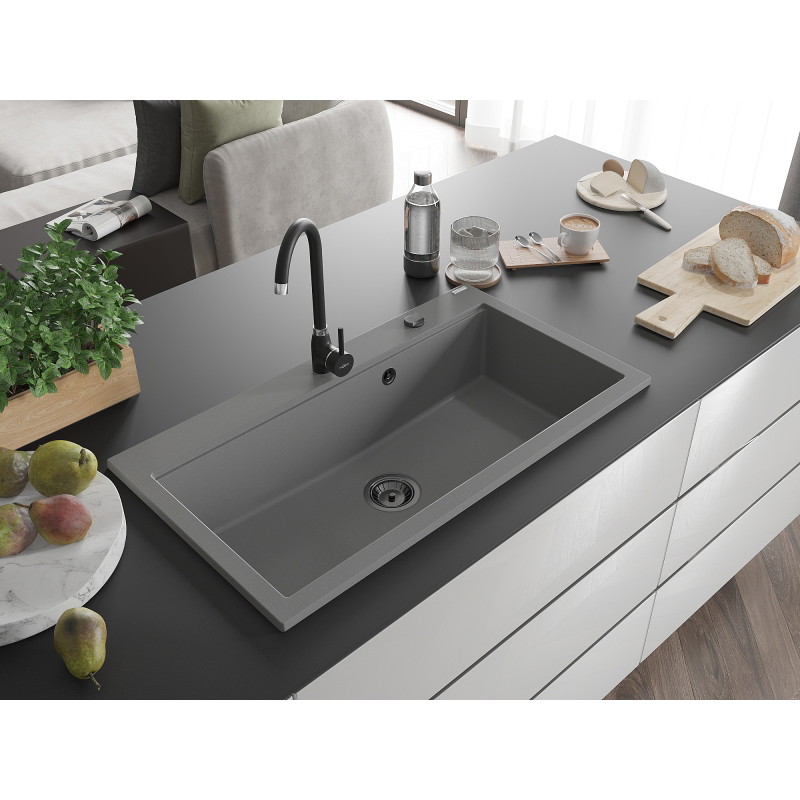 Mexen Slido granitinė plautuvė su 1 dubeniu, 900 x 500 mm, pilka, juodas sifonas - 6528901005-71-B