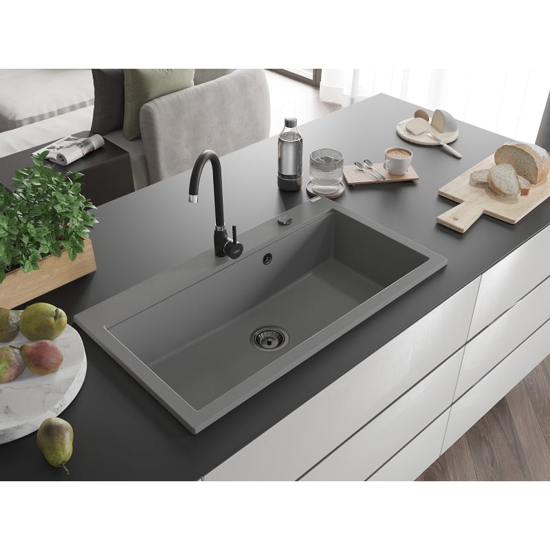 Mexen Slido granitinė virtuvinė plautuvė su viena kamera 900 x 500 mm, pilka, juodas sifonas - 6528901005-71-B