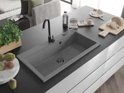 Mexen Slido granitinė virtuvinė plautuvė su viena kamera 900 x 500 mm, pilka, juodas sifonas - 6528901005-71-B