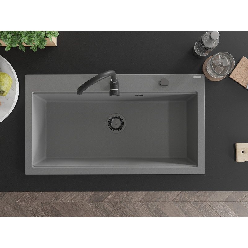 Mexen Slido granitinė plautuvė su 1 dubeniu, 900 x 500 mm, pilka, juodas sifonas - 6528901005-71-B
