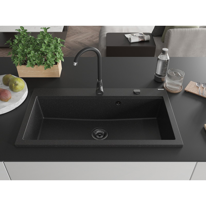Mexen Slido granitinis vienos kameros plautuvas 900 x 500 mm, juodas/sidabro metalo spalvos, juodas sifonas - 6528901005-73-B