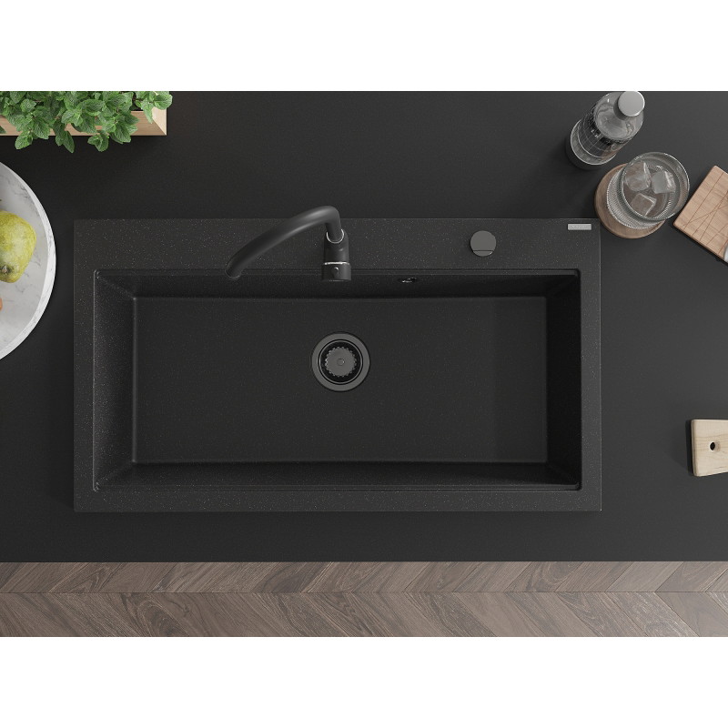 Mexen Slido granitinis vienos kameros plautuvas 900 x 500 mm, juodas/sidabro metalo spalvos, juodas sifonas - 6528901005-73-B