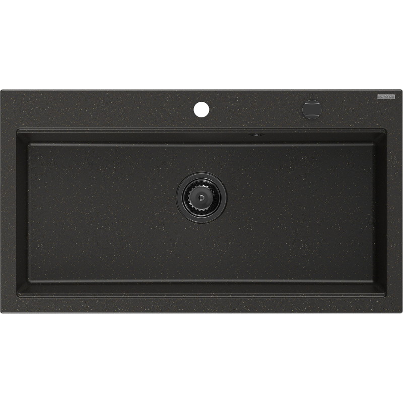 Mexen Slido granito plautuvė su 1 dubeniu 900 x 500 mm, juoda / auksinio metalo spalvos, juodas sifonas - 6528901005-75-B
