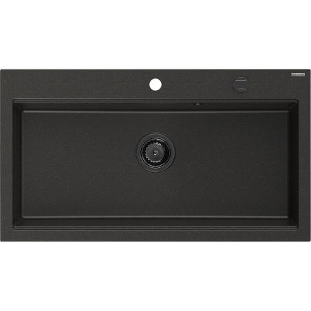 Mexen Slido granito plautuvė su 1 dubeniu 900 x 500 mm, juoda / auksinio metalo spalvos, juodas sifonas - 6528901005-75-B