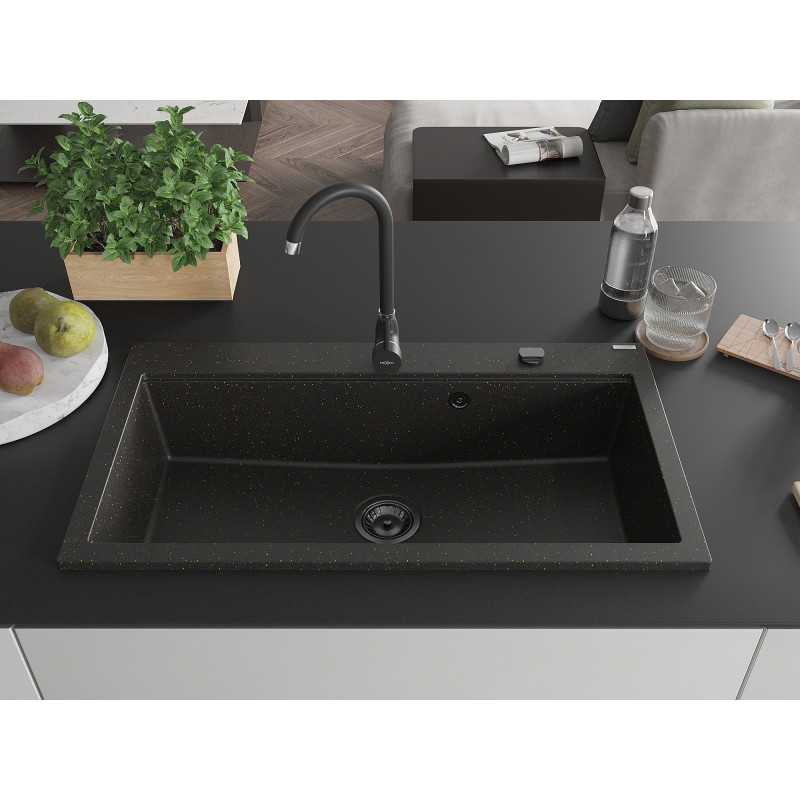 Mexen Slido granito plautuvė su 1 dubeniu 900 x 500 mm, juoda / auksinio metalo spalvos, juodas sifonas - 6528901005-75-B