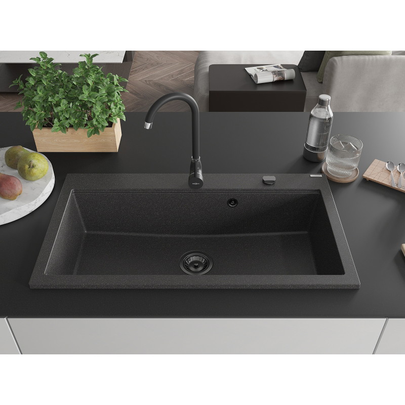 Mexen Slido granitinė vienos sekcijos plautuvė 900 x 500 mm, juoda su taškeliais, juodas sifonas - 6528901005-76-B