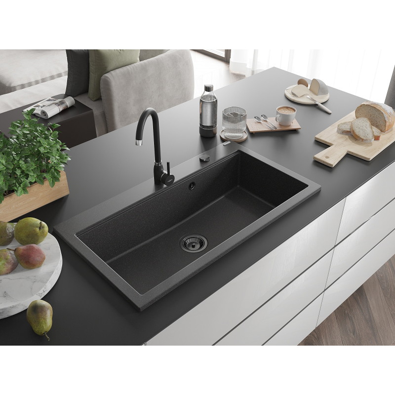 Mexen Slido granitinė vienos sekcijos plautuvė 900 x 500 mm, juoda su taškeliais, juodas sifonas - 6528901005-76-B