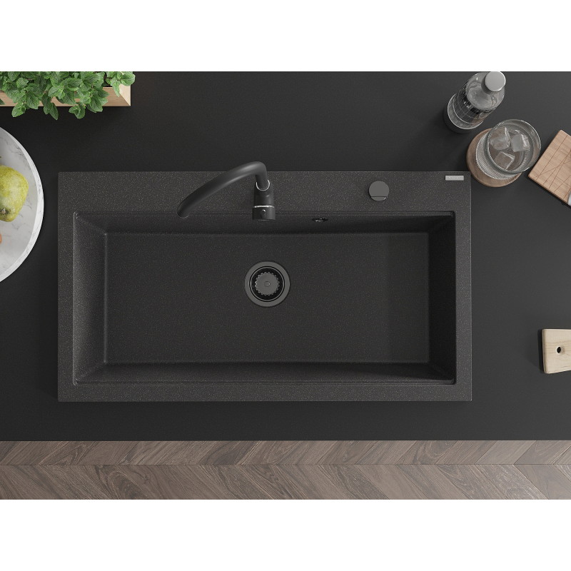 Mexen Slido granitinė vienos sekcijos plautuvė 900 x 500 mm, juoda su taškeliais, juodas sifonas - 6528901005-76-B