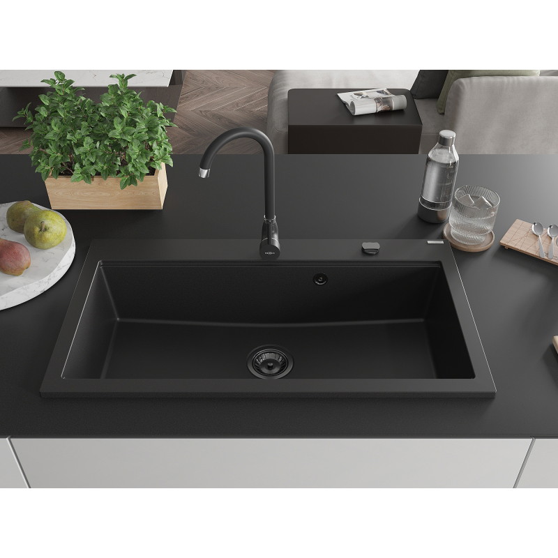 Mexen Slido granitinė 1 dubens plautuvė 900 x 500 mm, juoda, juodas sifonas - 6528901005-77-B