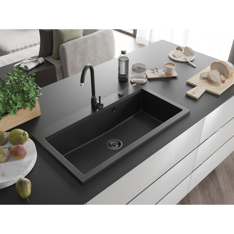 Mexen Slido granitinė 1 dubens plautuvė 900 x 500 mm, juoda, juodas sifonas - 6528901005-77-B