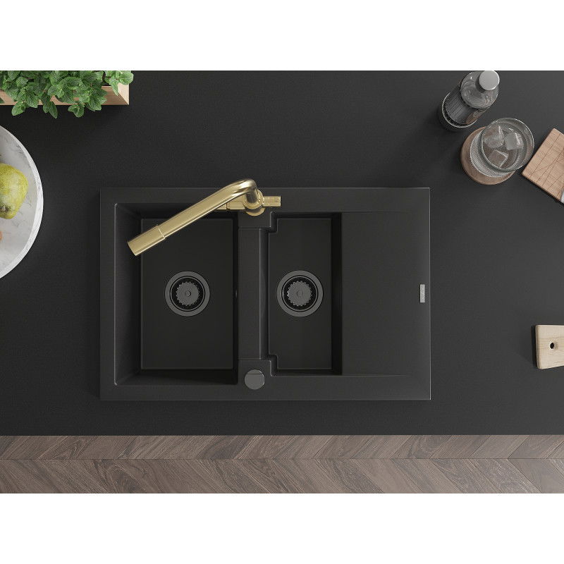 Mexen Gaspar granitinis 1,5 sekcijos plautuvė su lašėjimo paviršiumi ir virtuvės čiaupu Duero, juodas - 6507-77-671600-50-B