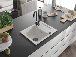 Mexen Enzo granitinis plautuvės 1-skyrius su nusausintuvu ir virtuviniu maišytuvu Telma, baltas - 6506-20-670200-70