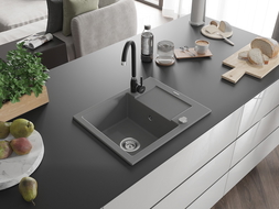 Mexen Enzo granito plautuvė su vienu dubeniu, nutekamu ir virtuviniu maišytuvu Telma, pilka - 6506-71-670200-70