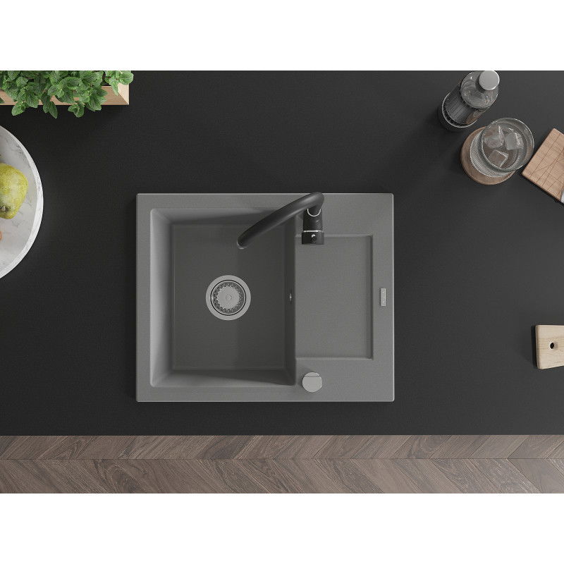 Mexen Enzo granito plautuvė su vienu dubeniu, nutekamu ir virtuviniu maišytuvu Telma, pilka - 6506-71-670200-70