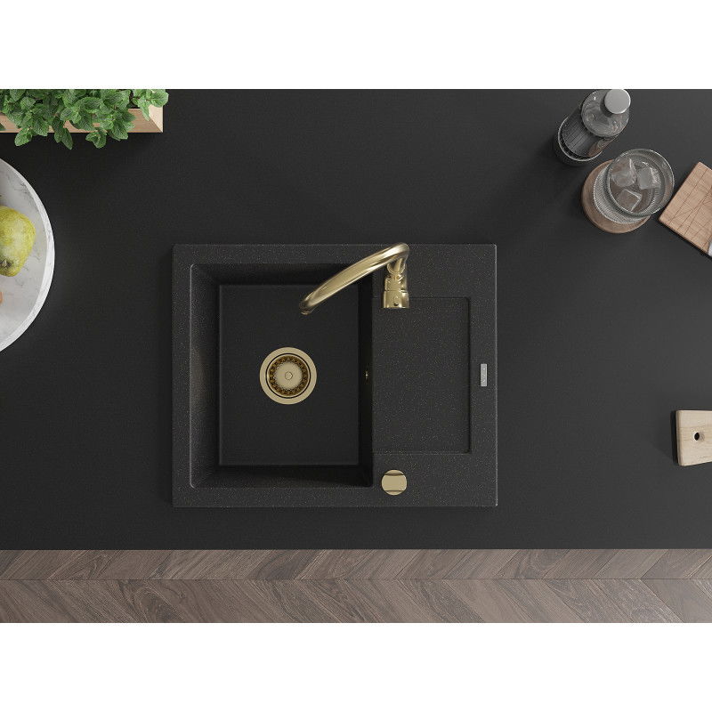 Mexen Enzo granito kriauklė su nutekėjimu ir Telma virtuviniu maišytuvu, juoda/sidabrinė - 6506-73-670200-50