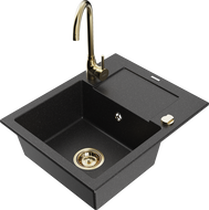 Mexen Enzo granito kriauklė su nutekėjimu ir Telma virtuviniu maišytuvu, juoda/sidabrinė - 6506-73-670200-50