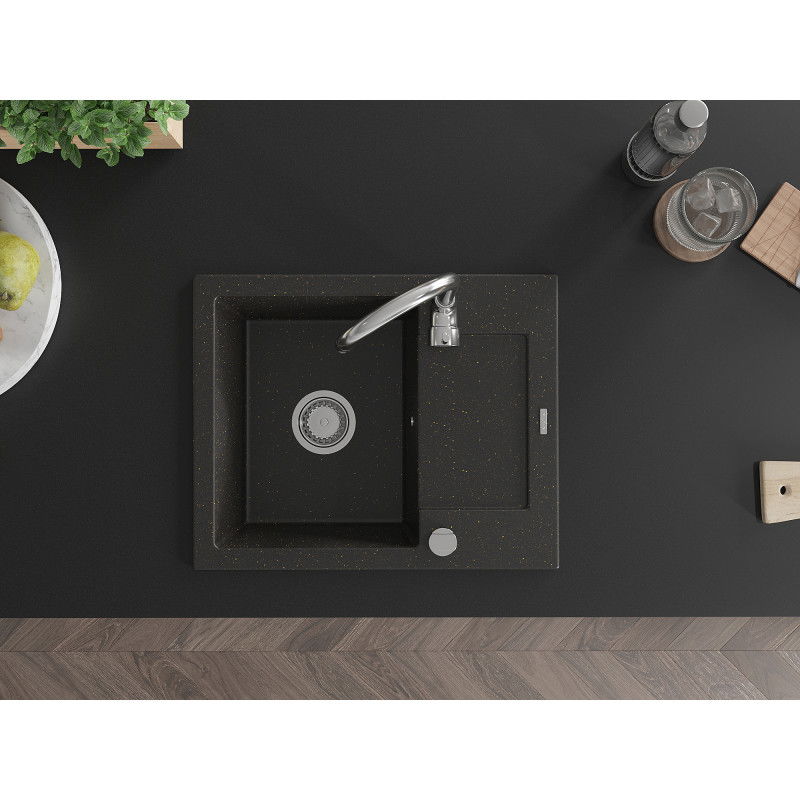 Mexen Enzo granitinė kriauklė su 1 skyriumi su nusausintuvu ir Telma virtuvės maišytuvu, juoda/auksinė - 6506-75-670200-00